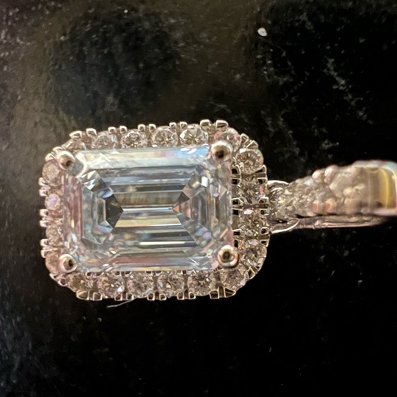 14K White Gold LAB CREATED Emerald Cut Blue Diamond Pendant - Picture 10 of 12